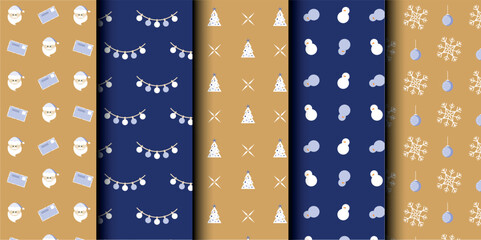 Set of Christmas vector seamless pattern. Merry Christmas and Happy New Year. Christmas symbols background. Vector gold and blue seamless illustration