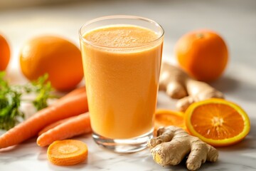 A refreshing glass of orange and ginger smoothie sits among fresh carrots and oranges. Bright colors inspire health and vitality. Perfect for a nutritious diet. Generative AI