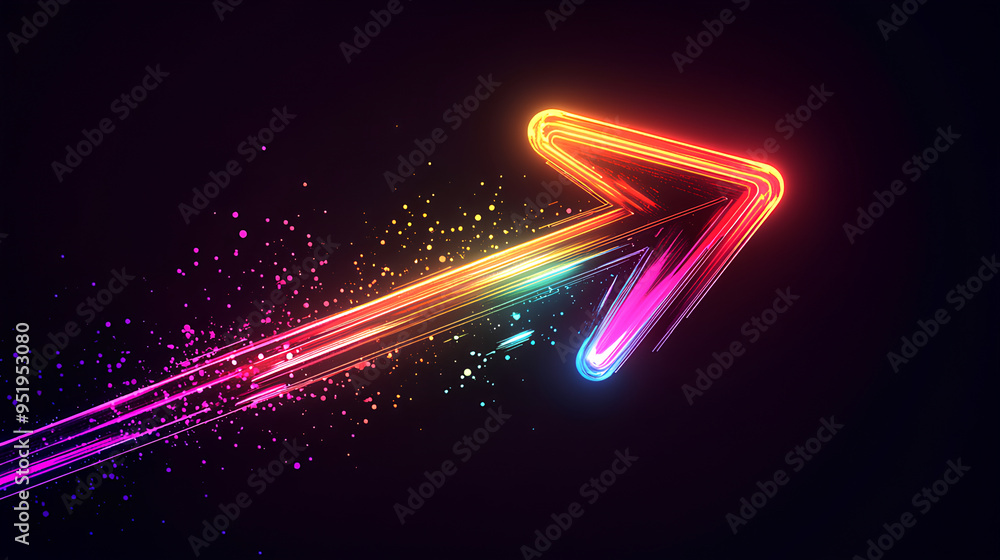Poster colorful arrow made of glowing light beams, pointing right at the center on a black background he ar