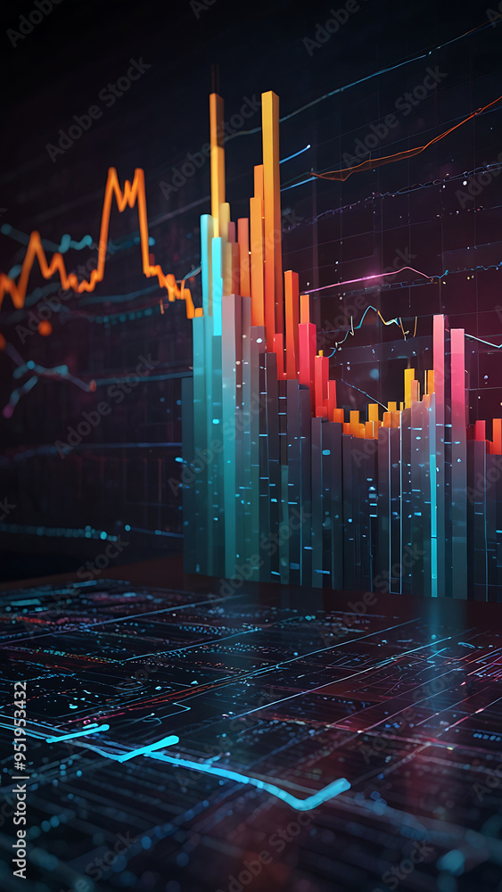 Wall mural Illustration of Predictive Analytics with Flowing Data Charts and Future Projections