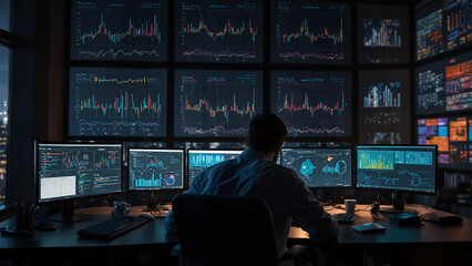 Data Scientist Analyzing Large Dataset on Multiple Screens with Dramatic Lighting