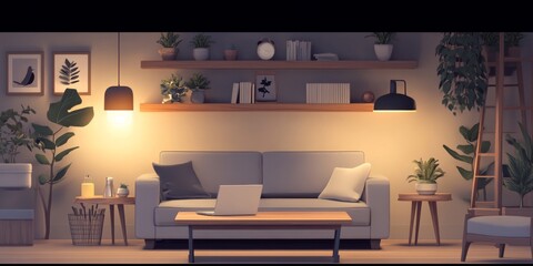 Stylish Living Room with Modern Sofa and Cozy Lighting