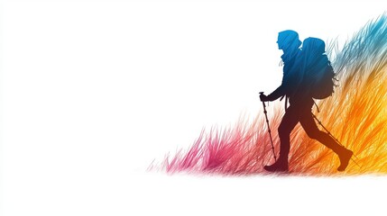 A silhouette of a person hiking with nature patterns, against a bright, clean background, emphasizing the fresh, eco friendly art