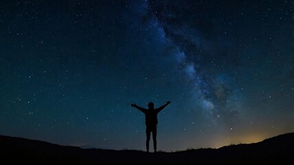 view of human silhouette looking at starry night sky. generative ai