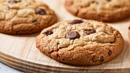 American cuisine dish: Cookies with chocolate chips on a wooden board.
