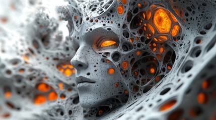 Surreal abstract portrait with glowing elements and intricate textures