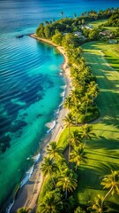 Obraz premium An aerial view shows a lush green golf course located right next to a beautiful, crystal-clear turquoise ocean.