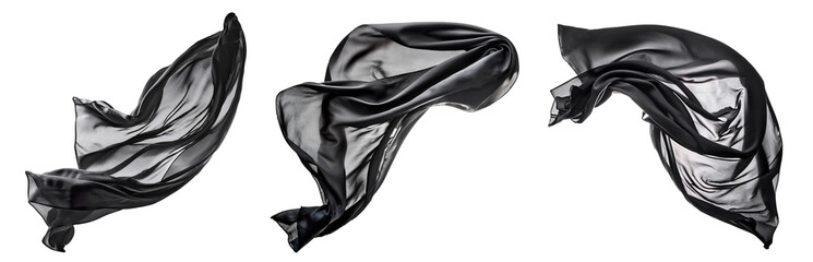 Three transparent dark silk scarves float in the wind, the light comes from behind. 