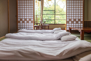 Japanese tatami floor bed with beautiful garden view, Yanagawa