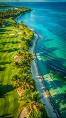 An aerial view shows a lush green golf course located right next to a beautiful, crystal-clear turquoise ocean.