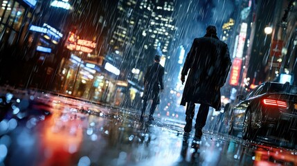A suspenseful noir-inspired scene depicts a detective and a spy locked in an intense standoff amid the shadows of a rain-soaked alleyway, capturing the tension and intrigue of crime narratives.