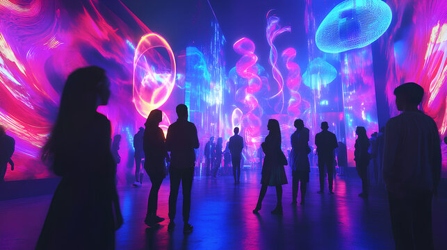 group of people experience a vibrant and futuristic exhibit, filled with interactive installations and neon colors, creating an immersive and exciting environment