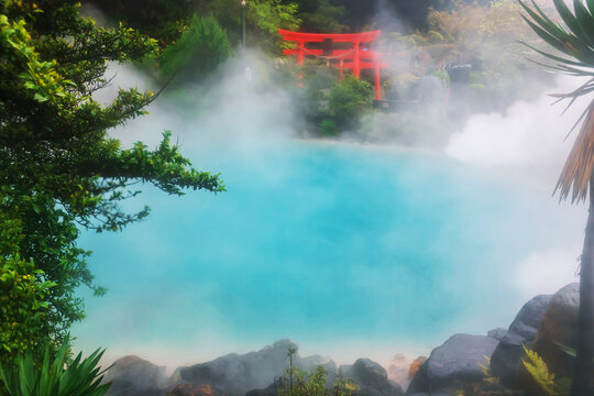 Umi Jigoku Sea Hell blue pond and red torii gate of Kamado Jigoku, Beppu
