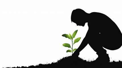 A silhouette of a person composting with nature designs, on a bright, clean background, emphasizing the fresh, eco friendly patterns