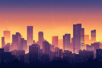 Obraz premium A city skyline at sunset with a blue and purple sky