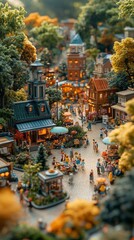 Fototapeta premium A vibrant miniature festival in the square filled with people enjoying crafts, food, and lively decorations.