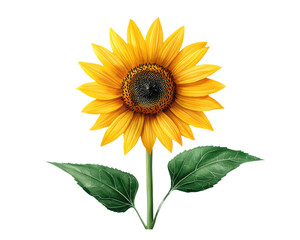 Obraz premium A vibrant sunflower with bright yellow petals and rich brown center, surrounded by green leaves
