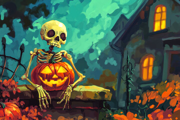 Halloween background. Halloween pumpkin and skeleton for decorated house.