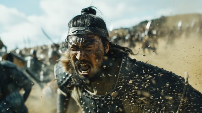 Cinematic Close-Up of a Mongol Warrior Charging into Battle Amidst Dust and Chaos