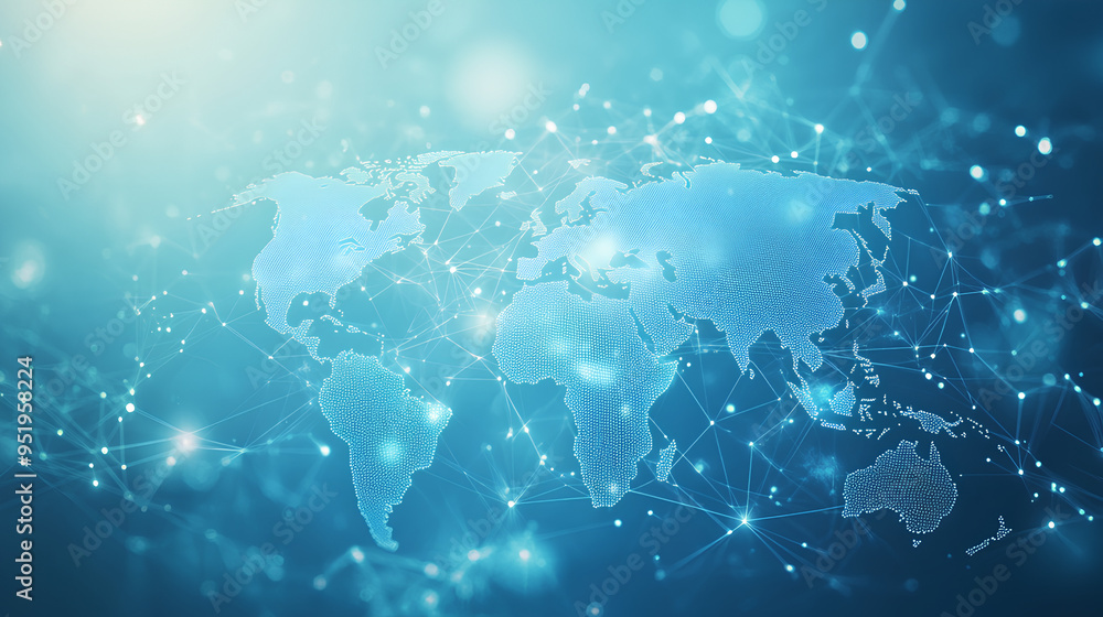 Poster light blue background with a digital world map and global network connections, representing the conc