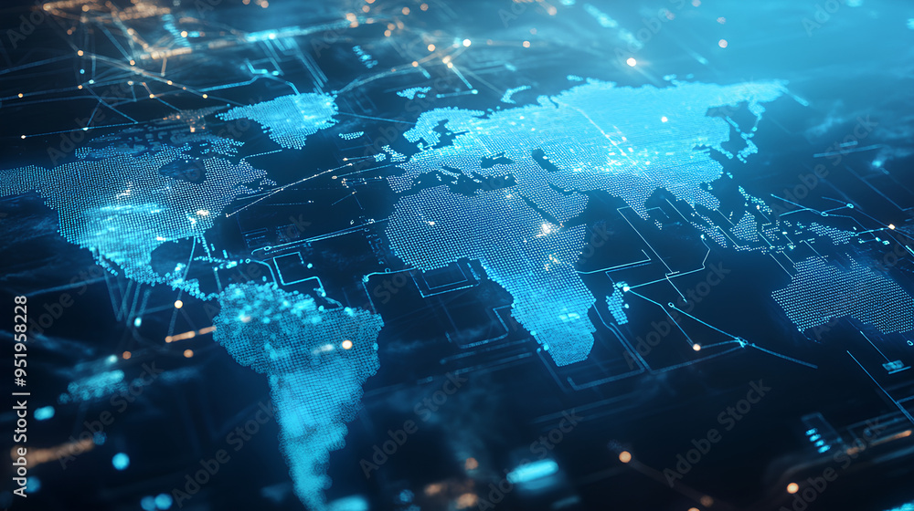 Poster light blue background with a digital world map and global network connections, representing the conc