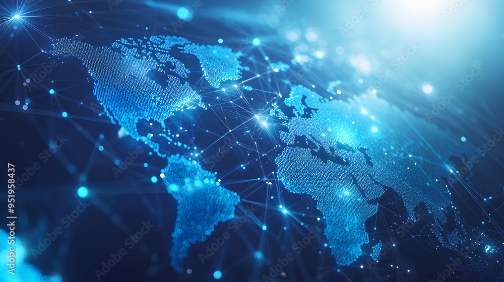 Aufkleber light blue background with a digital world map and global network connections, representing the conc