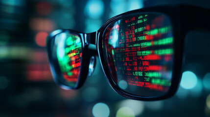Glasses in a close-up shot with red and green digits reflecting on the lenses, depicting financial data fluctuations of a bull market, abstract blur for a modern, dynamic feel.