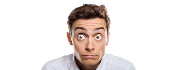 Surprised young man with wide eyes shows astonishment against a plain white background