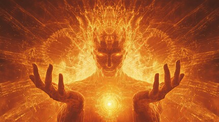 Mystical figure channeling energy in radiant orange hues at twilight
