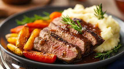 plate of meat with a side of mashed potatoes and vegetables. The meat is cooked and seasoned perfectly, and the vegetables are roasted
