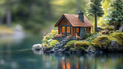 Obraz premium A miniature cabin by a tranquil lakeside, depicting people relaxing in a serene natural environment.