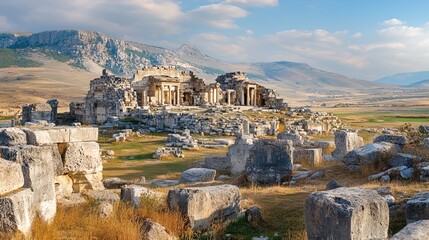 Ancient ruins of a large stone structure stand prominently in the middle of a vast open landscape. The structure features columns and remnants of walls, with scattered stone blocks lying around it. Th
