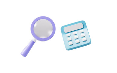 Cartoon calculator and magnifying glass , 3d rendering.