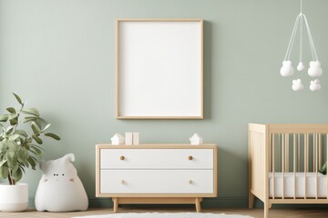 Cozy Children's Room with Frame Mockup above Dresser, Starry Night Wallpaper, and Baby Crib with Mobile