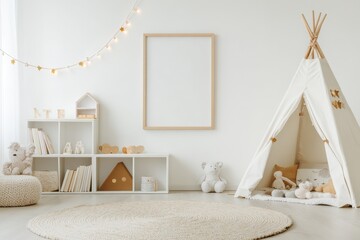 Inviting Kids' Reading Nook with Mockup Frame, Teepee Tent, Fairy Lights, and Storybook Shelf
