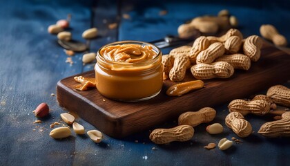 nut butter in a jar on a blue background.

