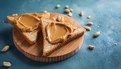 toast with nut butter on a wooden board on a blue background, close-up
