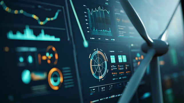 sophisticated wind turbine data analytics dashboard displaying real-time metrics and graphs for assessing the efficiency and profitability of renewable energy production