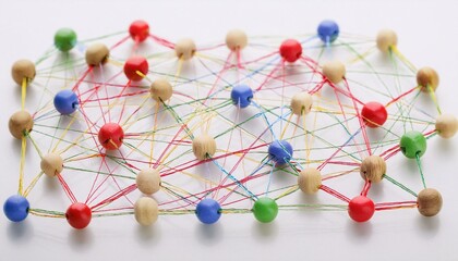 Obraz premium Abstract Network Connection: Colorful Strings and Wooden Beads on White Background