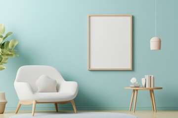 Dreamy Kids' Room: Mockup Frame, Plush Armchair & Pastel Blue Walls