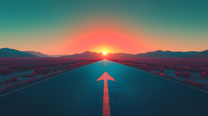 straight road with an arrow painted on it leading to the horizon, symbolizing goal setting and achievement