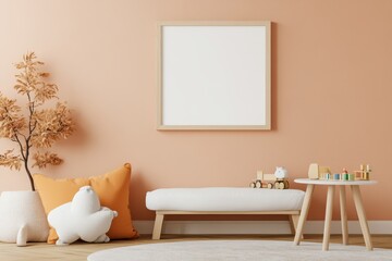 Playful Children's Room with Frame Mockup, Toy Storage Bench, and Drawing Setup on Pastel Peach Walls