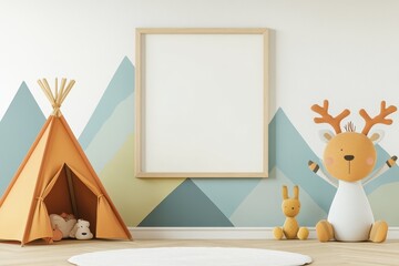 Fototapeta premium Frame Mockup in Cozy Mountain-Themed Children's Room Reading Nook with Tent, Rugs, and Wall Art