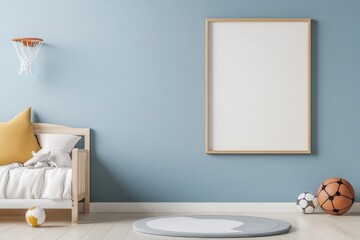 Sporty Kids' Room Frame Mockup with Soccer Bed and Basketball Hoop on Blue and White Walls