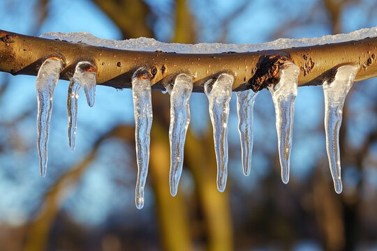 Frosted tree branch covered with ice and icicles
