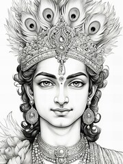 Portrait of Krishna in a Feathered Peacock Crown, Black and White Coloring Book Style, Featuring Detailed Patterns and Traditional Symbols, new beautiful stock image illustration AI
