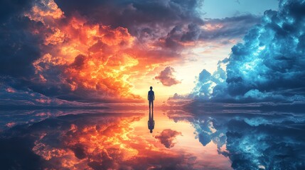 Obraz premium Man Standing Between Fiery Past and Serene Future