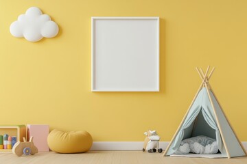 Cheerful Children's Room Decor with Frame Mockup, Colorful Toy Storage, Cloud Wallpaper, and Playful Reading Space
