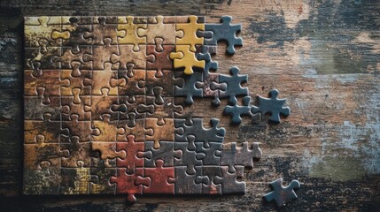 Close-up of a partially completed jigsaw puzzle on a weathered wooden background.