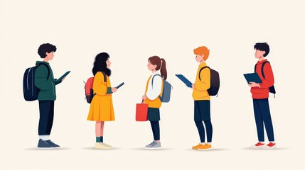 Obraz premium Ready for School: Five Students with Backpacks Chatting Before Class
